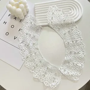 White lace detachable fake collar with delicate pearl decorations for women summer dress styling.