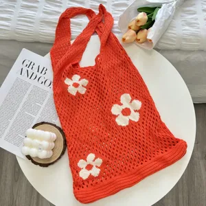 Korean vintage hollow knit flower tote bag, stylish orange shoulder shopping bag for women.