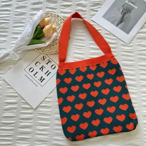 Sac cabas en tricot cœur, sac bandoulière élégant bicolore, sac fourre-tout décontracté.