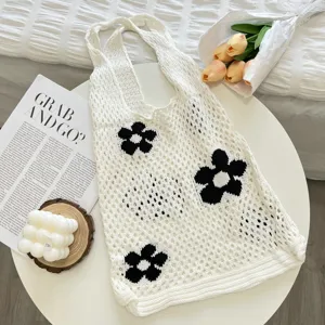 Korean vintage knit floral tote bag, casual hollow shoulder shopping bag for daily use.