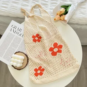 Beige hollow knit floral tote bag, casual large capacity shoulder bag for daily use.