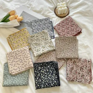 Vintage Floral Cotton Linen Square Scarf Fresh Multi Use Hair Band Bandana Neck Scarf Small Head Wrapping Decorative Handkerchief For Women