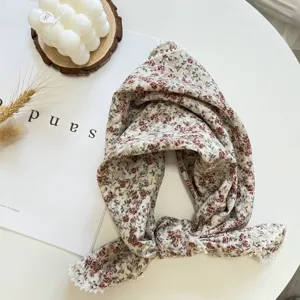 Foulard carre floral en coton lin leger bord de perles ete foulard de tete 60x60