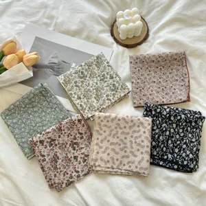 Retro floral square scarf linen neckerchief chic hairband boho head wrap aesthetic accessory.