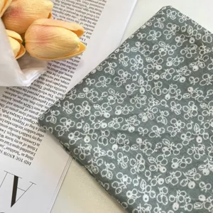Retro green floral cotton linen square scarf, vintage literary hair band and neck decoration.