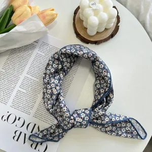 Retro floral cotton linen square scarf hair band detail shot elegant blue accessory 58x58cm