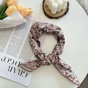 Retro floral small square scarf chic hair band cotton linen neckerchief stylish decorative accessory