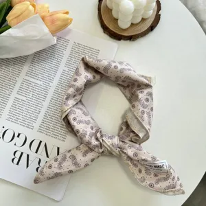 Retro floral cotton linen square scarf detail view, elegant hair band or neck scarf design.