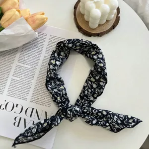 Retro floral cotton linen square scarf detail view, stylish headband accessory for women.