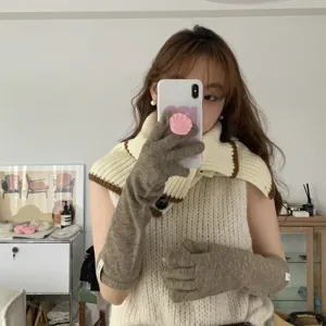 Gants longs en tricot à cinq doigts pour femme automne hiver chauds laine tactile mode chic