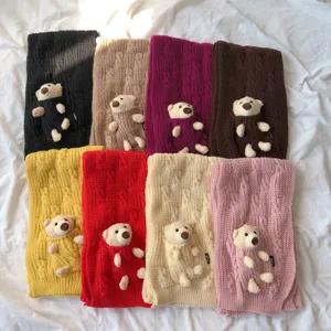 Écharpe en tricot torsadé avec poche en peluche d'ours mignon pour femme hiver automne