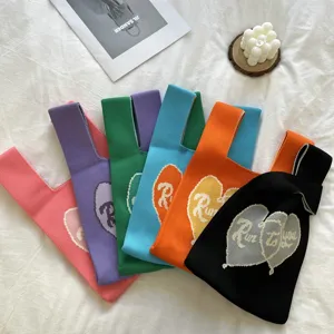Sac Cabas en Tricot Style Coréen Couleur Contraste Cœur Nœud Sac à Main Mode en Polyester pour Femmes