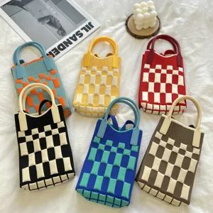 Mini Sac Bandoulière Tricoté Style Coréen Mignon Damier Ondulé Pochette Téléphone Pour Femmes Décontracté Étudiants Petit Sac Épaule