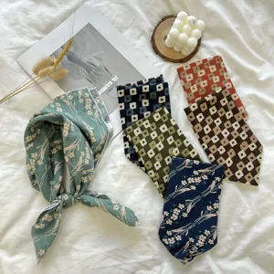 Foulard carre en coton motif floral et carreaux foulard elegant pour femme bande de cheveux