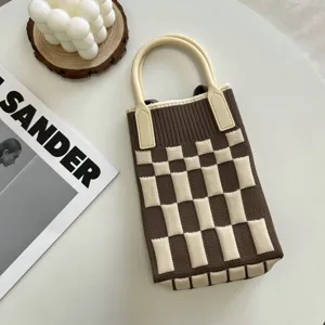 Mini sac bandoulière tricoté style ins coréen rétro marron blanc à carreaux sac de téléphone
