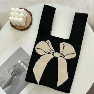 Sac cabas en tricot noir avec nœud beige style coréen chic sac à main décontracté pour femmes