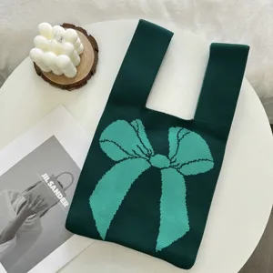 Sac cabas tricoté vert foncé avec motif de nœud turquoise sac à main décontracté pour femme