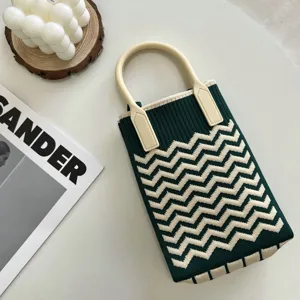 Sac cabas mini en tricot vert, joli sac téléphone à motif vagues et poignées rondes, chic.