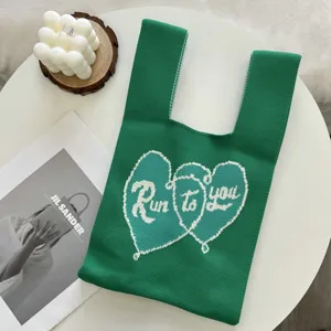 Sac cabas en tricot vert avec motif de cœur bicolore, sac à main décontracté pour femmes.