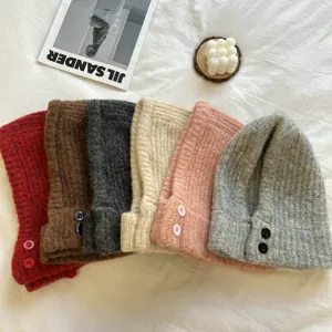 Damen Winter Rippenstrick Polyester Kapuzen Schal Integrierte Mütze Knopf Accent Süß Pullover Warm Thermisch Ohrenschutz Halswärmer Kappe