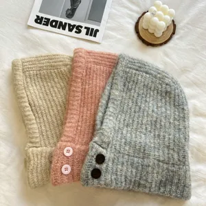 Koreanische Winter warme gestrickte Pullover Mütze und Schal Set weiche Beanie mit Knöpfen