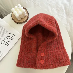 Gemütlicher Strick Kapuzenschal Winter warmer Sturmhaube Pullover Hut mit Knöpfen für Damen