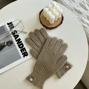 Gebreide handschoenen detail met gezellige warme winterwol textuur en elegant polslogo labeltje.