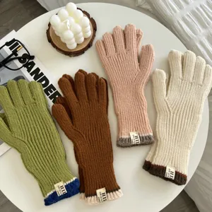 Guantes táctiles de punto para mujer color sólido invierno cálidos cinco dedos plano