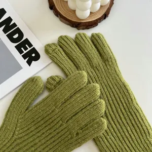 Guantes de punto acanalado verde para mujer, otoño invierno largos táctiles cálidos y cómodos.