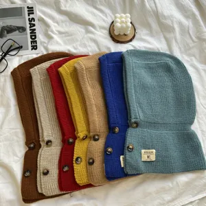 Damen Winter Warmer Strick Kapuze Schal Mütze Einfarbig Knopf Beanie Hut Verdickter Halswärmer Süßer Pullover Kaltes Wetter