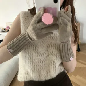 Knitted fingerless gloves with long ribbed cuffs, cozy winter arm warmers in khaki.