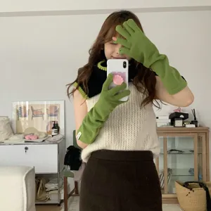 Femmes longs gants en tricot vert chaud hiver mélange de laine cinq doigts gants
