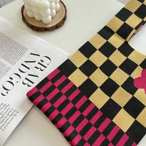Knitted checkerboard tote bag with heart pattern, stylish spring summer casual handbag.