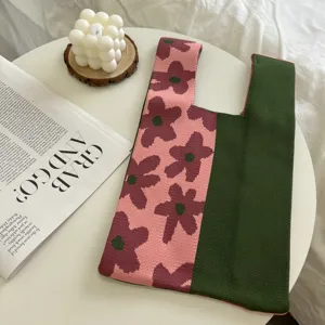 Stylish knitted tote bag for women, color block floral design, casual daily shoulder handbag.