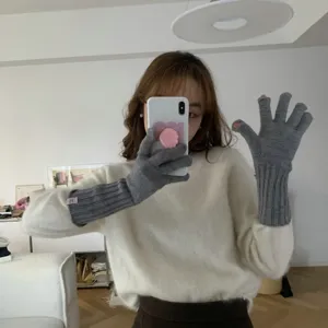 Solid color wool knit gloves with fingerless design, touchscreen friendly, warm and cozy.
