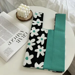 Knitted floral tote bag color block handbag casual spring summer shoulder knitted bag detail