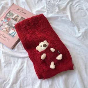 Écharpe tricotée rouge avec poche ours en peluche 3D femme automne hiver chaud doux style