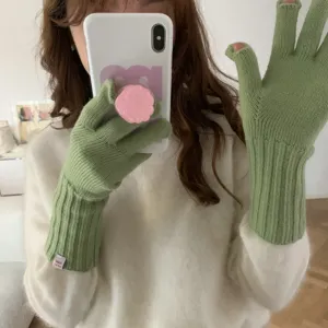 Green fingerless knit gloves winter warm wool ribbed cuff touch screen friendly apparel