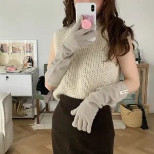 Longs gants en tricot pour femmes automne hiver chauds mélange de laine gants gris détail