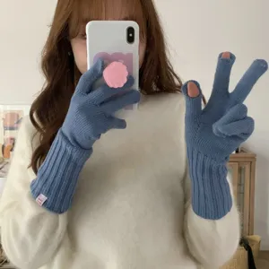 Blue knit touch screen fingerless gloves with extended long cuffs for winter style