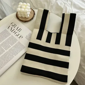 Black and white striped knitted tote bag casual minimalist handbag for women daily use.