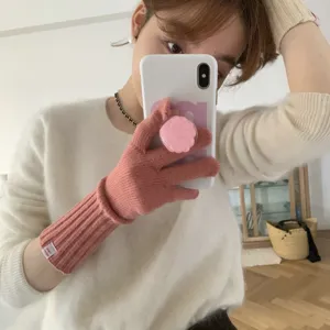 Solid color knitted touch screen fingerless gloves with wrist label for winter daily wear.