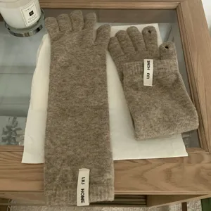 Gants longs en tricot pour femme hiver chaud mélange de laine écran tactile gants sans doigts kaki