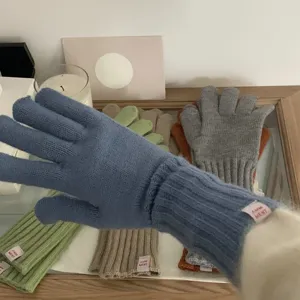 Detail shot of cozy knitted touchscreen gloves in solid blue, with soft warm texture.