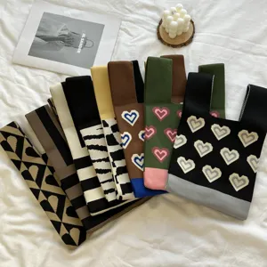 Knit tote bag with colorful heart patterns and chic stripes for women spring summer daily style