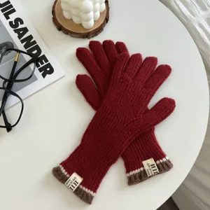 Guantes de punto rojos para mujer otoño invierno táctiles de cinco dedos largos y cálidos
