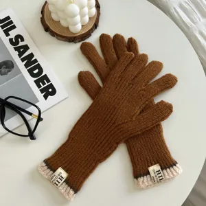 Mujeres invierno guantes de punto marron largo grueso calientes tactiles guantes detalle