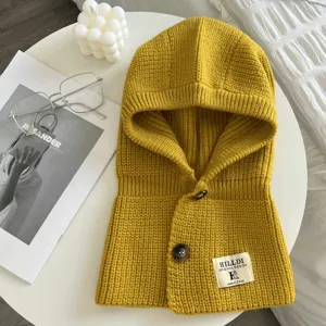 Gelbe gestrickte Sturmhaube Winter warme Kapuzenschal süße Knopf Halswärmer Mütze für Damen Stil
