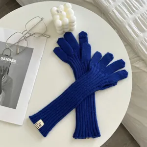 Women long knitted fingerless gloves solid color winter warm wrist protection knit gloves