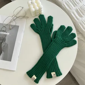 Women long knit gloves winter warm solid color thick wrist protection five finger green